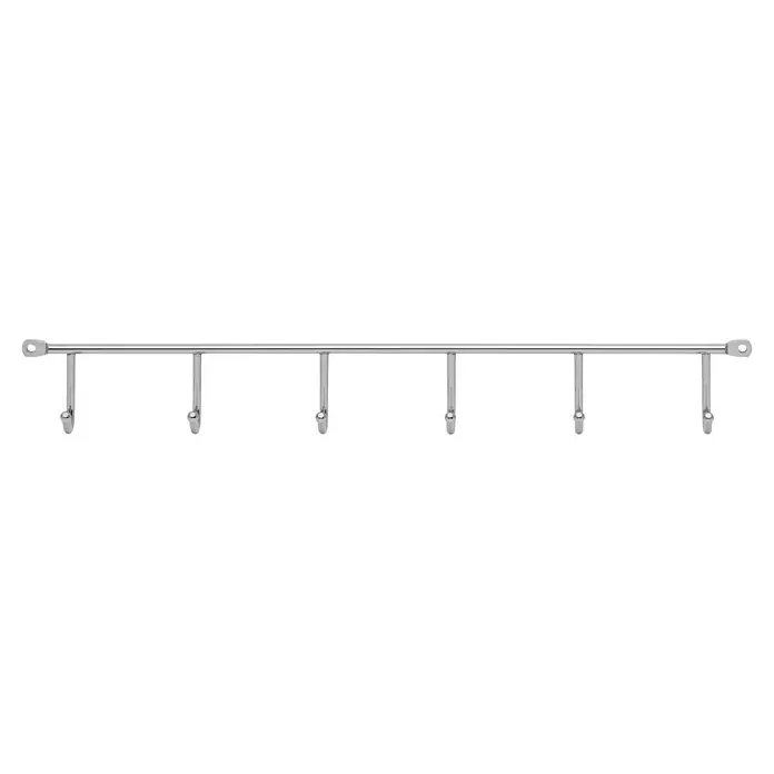Siro Garderobenleiste 2081-420ZN1 - L x B x H: 420 x 53 x 32 mm, Anzahl Haken: 6 Stk. - Eine silberne Wandhalterung mit einer horizontalen Stange und mehreren vertikalen Rahmen zur Befestigung von Gegenständen.