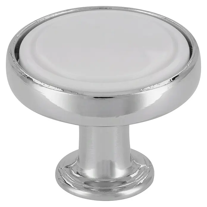 Siro Möbelknopf - Typ Möbelgriff: Knopf, Sonstige, Sonstige, Durchmesser: 30 mm, Silber - Nahaufnahme eines runden, weißen Keramik-Schrankknopfes mit glänzender Chrombasis, ideal für moderne Möbelakzente.