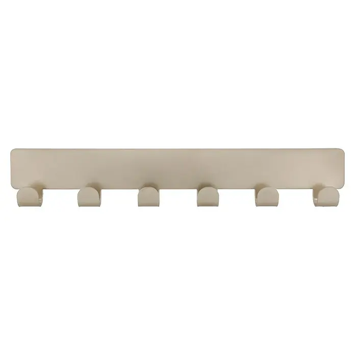 Siro Garderobenleiste 2178-240ZN4KV1S - L x B x H: 240 x 41 x 16 mm, Anzahl Haken: 6 Stk., Silber - Nahaufnahme einer beigefarbenen Garderobenleiste mit sechs Haken. Ideal für Jacken, Mäntel und Accessoires im Eingangsbereich.