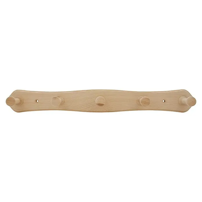 Siro Garderobenleiste S126-460HZ5 - L x B x H: 460 x 60 x 77 mm, Anzahl Haken: 5 Stk. - Eine hölzerne Kleiderleiste mit fünf Knöpfen aus hellem Holz mit sichtbarer Maserung. Die Leiste ist wellenförmig geschnitten und natürlich belassen.