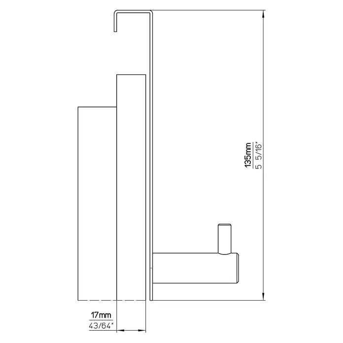 Siro Garderobenhaken 1983-135N1V1E - L x B x H: 135 x 30 x 41 mm, Anzahl Haken: 1 Stk. - Abbildung eines Handtuchhalters mit den Maßen 135 mm Höhe und 17 mm Tiefe, dargestellt in einer technischen Zeichnung.