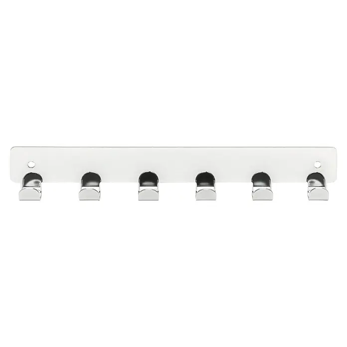 Siro Garderobenleiste 1603-240ZN1 - L x B x H: 240 x 41 x 16 mm, Anzahl Haken: 6 Stk., Verchromt poliert - Eine weiße Wandgarderobe mit sechs silbernen Haken für Kleidung oder Accessoires, ideal für Flur oder Schlafzimmer.