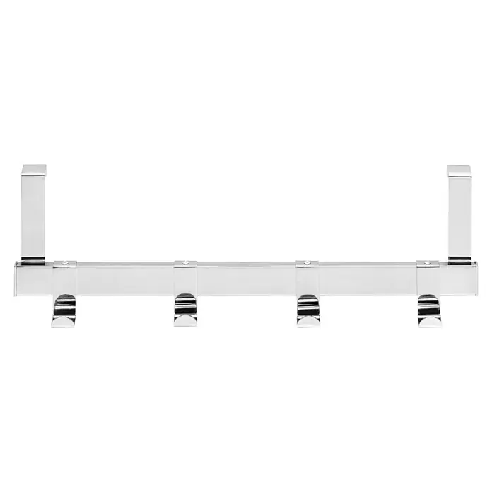 Siro Türgarderobe 1443 Chrom - L x H: 404 x 51 mm, Anzahl Haken: 4 Stk., Verchromt - Eine Nahaufnahme einer Chrom-Kleiderstange mit mehreren Haken vor einem schwarzen Hintergrund. Elegantes Design für stilvolle Aufbewahrung.