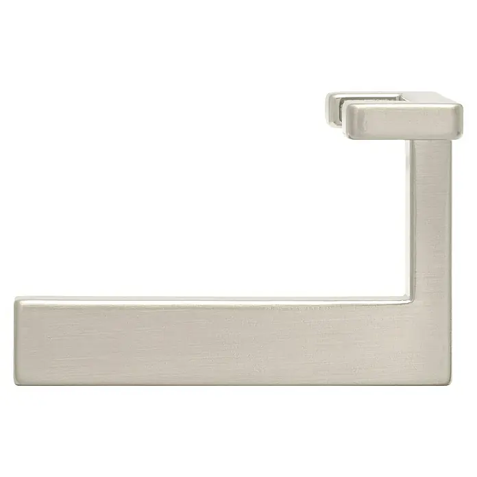 Siro Garderobenhaken - L x B x H: 70 x 61 x 40 mm, Anzahl Haken: 2 Stk., Edelstahl - Detailaufnahme eines gebürsteten Nickelhandtuchhalters mit modernem, kantigem Design, das Funktionalität und stilvolle Badgestaltung vereint.