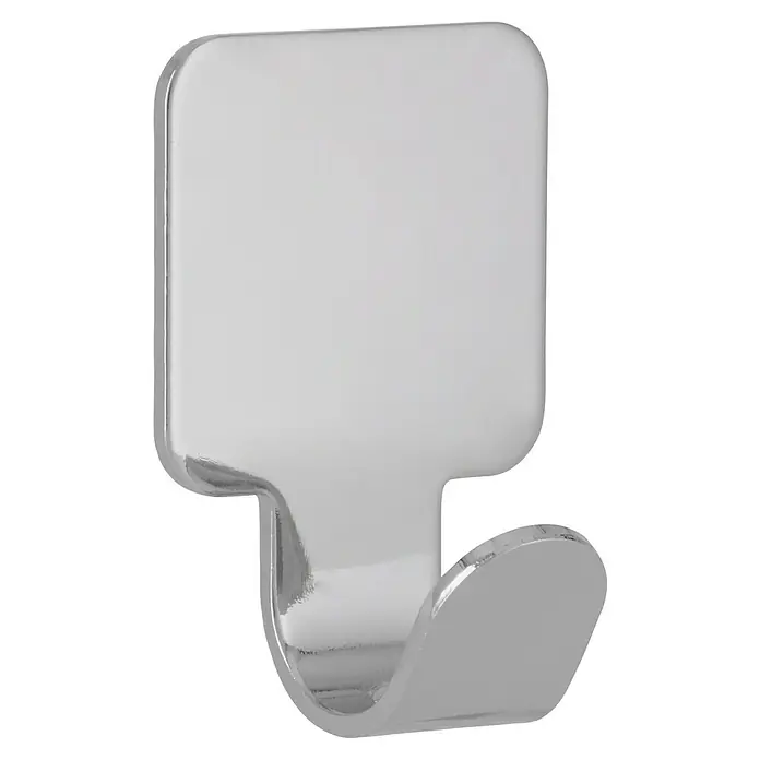 Siro Handtuchhaken 2319/ZN1KV3S - Gesamtstückzahl: 3 Stk., L x B x H: 20 x 30 x 16 mm, Verchromt - Nahaufnahme eines einzelnen, glänzenden, selbstklebenden Chrom-Haken zur Befestigung von Gegenständen an glatten Oberflächen, ideal für Bad oder Küche.