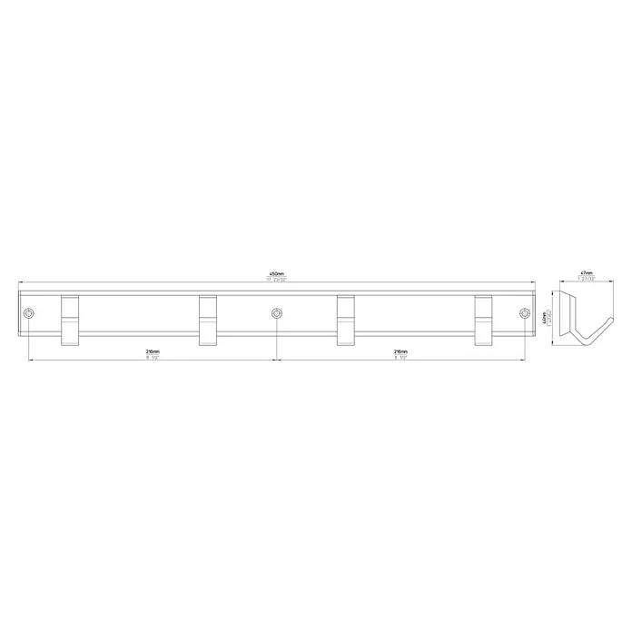 Hakenleiste 2083 Aluminium weiß - L x H: 450 x 44 mm, Anzahl Haken: 4 Stk. - Technische Zeichnung einer Wandgarderobe mit vier Haken und Maßangaben für Montage und Abmessungen.