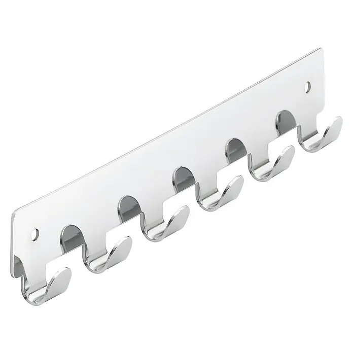 Siro Garderobenleiste 1603-240ZN1 - L x B x H: 240 x 41 x 16 mm, Anzahl Haken: 6 Stk., Verchromt poliert - Eine Nahaufnahme einer modernen, verchromten Garderobenleiste mit sechs Haken, ideal für Bad oder Flur. Sie ist robust und elegant.