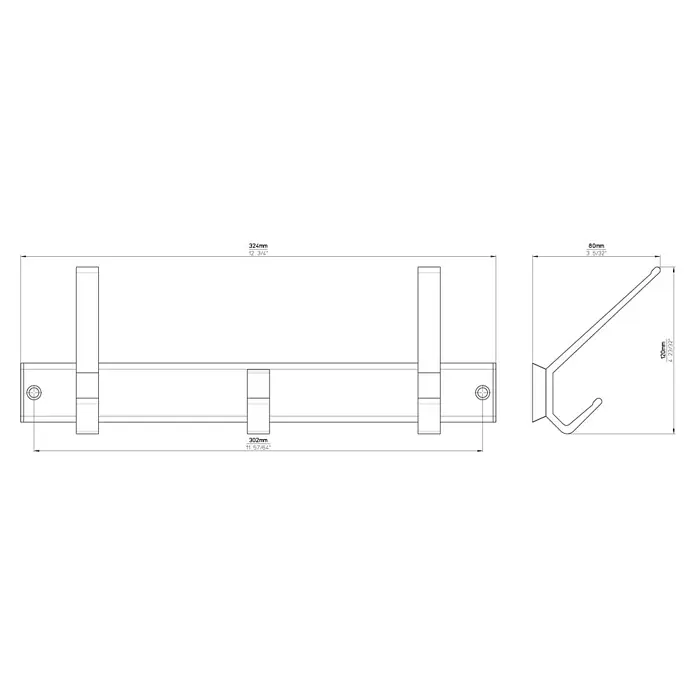 Siro Garderobenleiste 1674-320 - L x B x H: 320 x 113 x 86 mm, Anzahl Haken: 3 Stk. - Technische Zeichnung einer Kleiderleiste mit drei Haken, Maße in Millimetern und Zoll angegeben.