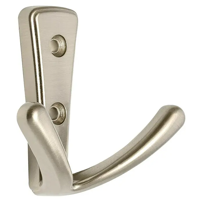 Siro Garderobenhaken 1654/ZN21 - L x B x H: 76 x 71 x 40 mm, Anzahl Haken: 1 Stk. - Nahaufnahme eines silberfarbenen Kleiderhakens mit zwei Befestigungslöchern an einer Wand.