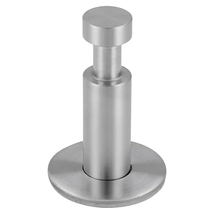 Siro Garderobenhaken - L x B x H: 35 x 35 x 52 mm, Anzahl Haken: 1 Stk. - Nahaufnahme eines runden, silbernen Türstoppers mit einer breiten Basis und einem zylindrischen Design.