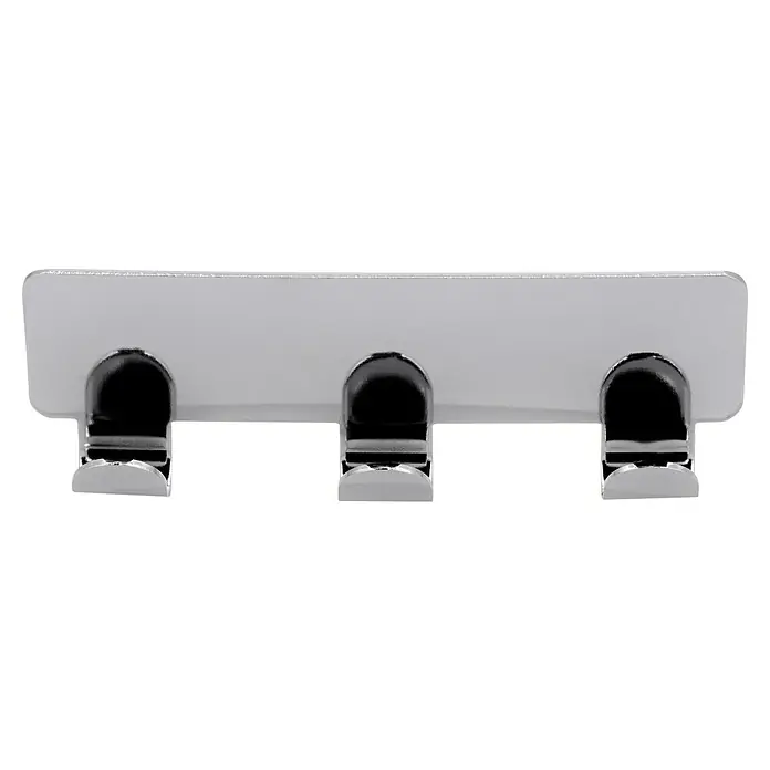 Siro Hakenleiste 2178-156ZN4KV1S - L x H: 114 x 16 mm, Anzahl Haken: 3 Stk., Verchromt poliert - Nahaufnahme einer dreifachen, verchromten Wandhakenleiste auf einem weißen Hintergrund. Ein praktisches und stilvolles Accessoire für Ihr Zuhause.