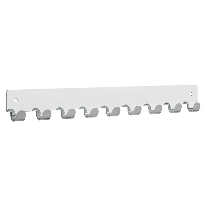 Siro Hakenleiste - L x H: 366 x 41 mm, Anzahl Haken: 9 Stk., Verchromt - Eine weiße Wandleiste mit mehreren verchromten Haken zur Aufbewahrung von Werkzeugen. Ideal für die Werkstattordnung.