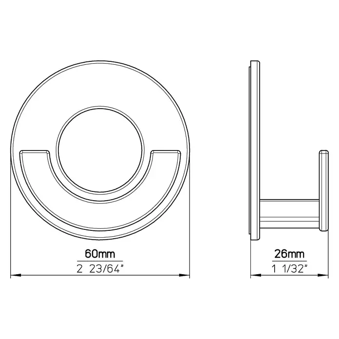 Siro Garderobenhaken 2332/ZN1KV1S - L x B x H: 60 x 60 x 26 mm, Anzahl Haken: 1 Stk. - Technische Zeichnung einer runden Wandhaken-Ansicht mit Maßangaben.