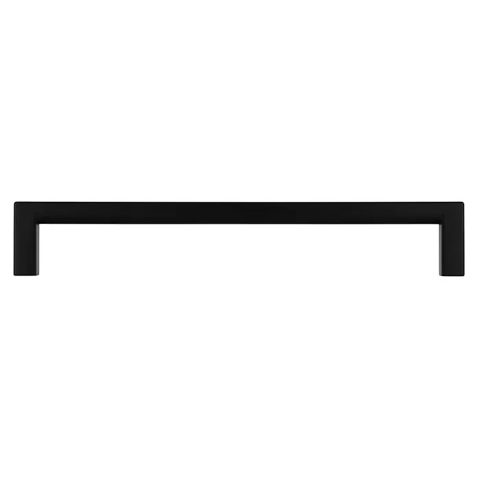Siro Möbelgriff - Typ Möbelgriff: Bügel, L x B: 168 x 8 mm, Schwarz, Material Möbelgriff: Sonstige - Eine Nahaufnahme eines schwarzen Kaminsims mit einer sauberen, modernen Ästhetik und einem einfachen Design, das die klaren Linien betont.