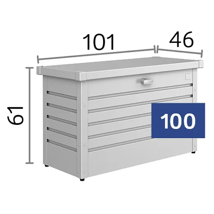 Biohort FreizeitBox Gartenbox 100 - L x B x H: 101 x 46 x 61 cm, Quarzgrau, Stahl - Abbildung einer Aufbewahrungsbox mit den Maßen 101 x 46 x 61 cm, Volumen 100 Liter. Ideal für die Aufbewahrung im Garten oder auf der Terrasse.