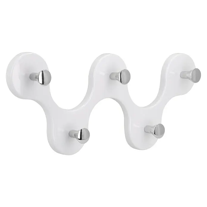 Siro Hakenleiste 01047 Reinweiß - L x H: 248 x 103 mm, Anzahl Haken: 5 Stk. - Eine weiße Garderobenleiste mit silbernen Haken zur stilvollen Aufbewahrung von Jacken und Accessoires.