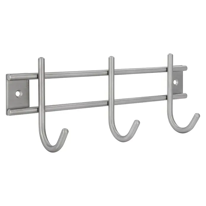 Siro Garderobenleiste 220N1V1E - L x B x H: 220 x 80 x 50 mm, Anzahl Haken: 3 Stk., Silber - Nahaufnahme einer modernen, silbernen Garderobenleiste mit drei Haken, ideal für stilvolle Aufbewahrung von Jacken und Accessoires im Haus.