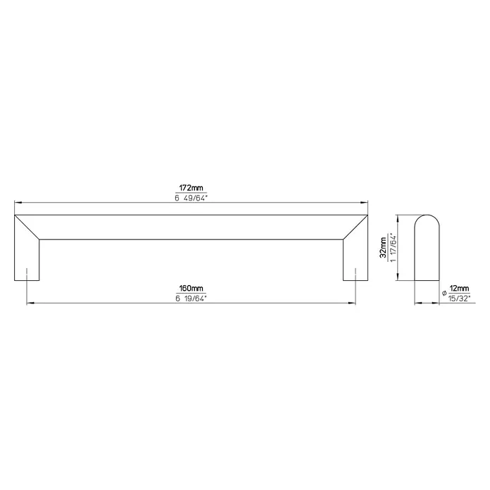Siro Möbelgriff - Typ Möbelgriff: Bügel, Sonstige, Sonstige, Länge: 172 mm - Abbildung eines Möbelgriffs mit Maßangaben, inklusive Länge (172mm), Lochabstand (160mm) und Griffhöhe (32mm).