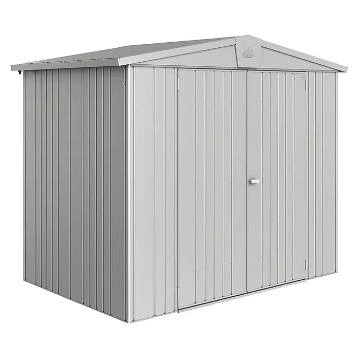 Biohort Europa Gerätehaus Gr. 3 - Außenbreite inkl. Dachüberstand: 244 cm, Außentiefe inkl. Dachüberstand: 156 cm, Stahl, Silber Metallic - Das Bild zeigt ein graues Gerätehaus aus Metall mit Doppeltür und Giebeldach, ideal für die Aufbewahrung im Garten.
