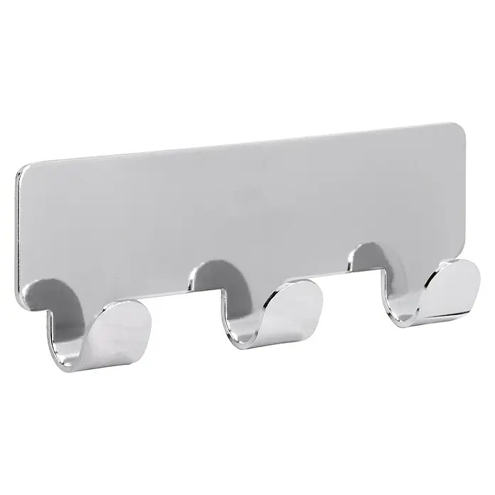 Siro Hakenleiste 2178-156ZN4KV1S - L x H: 114 x 16 mm, Anzahl Haken: 3 Stk., Verchromt poliert - Nahaufnahme einer silberfarbenen Wandgarderobe mit drei Haken, ideal für Bad oder Küche, um Handtücher und Utensilien stilvoll aufzuhängen.
