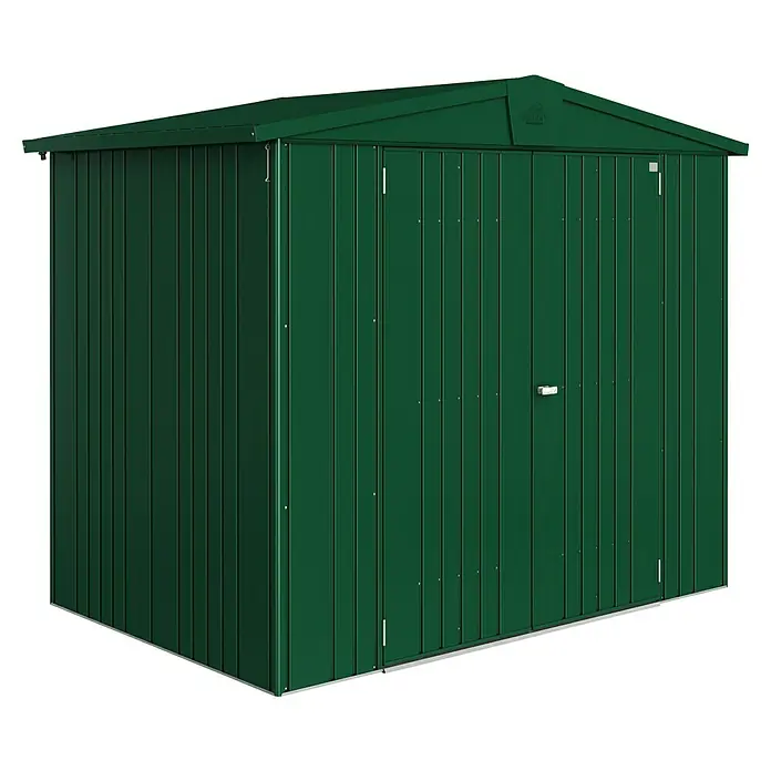Biohort Europa Gerätehaus Gr. 3 - Außenbreite inkl. Dachüberstand: 244 cm, Außentiefe inkl. Dachüberstand: 156 cm, Stahl, Dunkelgrün - Ein grüner Geräteschuppen aus Metall mit einer Tür und einem Giebeldach. Ideal für die Aufbewahrung von Gartengeräten und Werkzeugen.