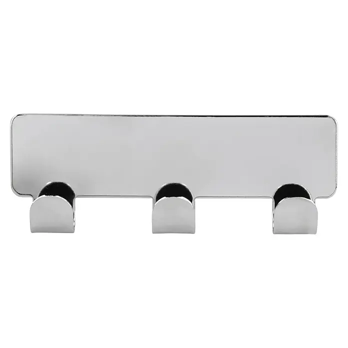 Siro Hakenleiste 2178-156ZN4KV1S - L x H: 114 x 16 mm, Anzahl Haken: 3 Stk., Verchromt poliert - Ein silberner Kleiderhaken mit drei Haken vor schwarzem Hintergrund, der perfekt für die Organisation und Aufbewahrung ist.