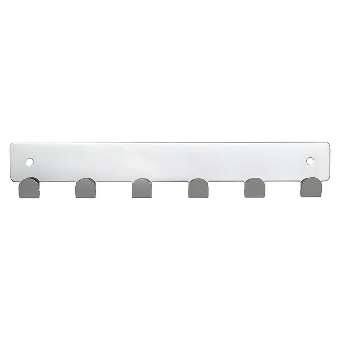 Siro Garderobenleiste 1603-240ZN1 - L x B x H: 240 x 41 x 16 mm, Anzahl Haken: 6 Stk., Verchromt poliert - Eine silberne Garderobenleiste mit sechs Haken und zwei Befestigungslöchern für die Wandmontage. Ideal für Flur oder Bad.