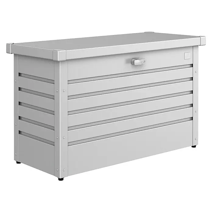 Biohort FreizeitBox Gartenbox 100 - L x B x H: 101 x 46 x 61 cm, Silber Metallic, Stahl - Metall-Gartenbox mit horizontalen Lamellen, abschließbarer Verschluss und robusten Eckverbindungen, ideal zur Aufbewahrung von Gartengeräten.