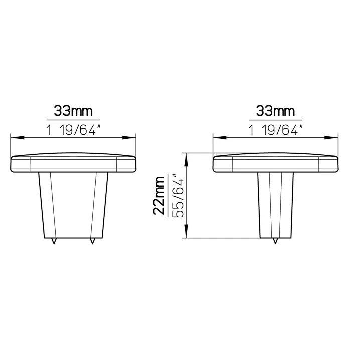 Siro Möbelknopf - Typ Möbelgriff: Knopf, Sonstige, Sonstige, Anthrazit, Länge: 33 mm - Produktskizze eines Möbelknopfs mit den Maßen 33mm Breite und 22mm Höhe, sowohl in Millimetern als auch in Zoll angegeben.
