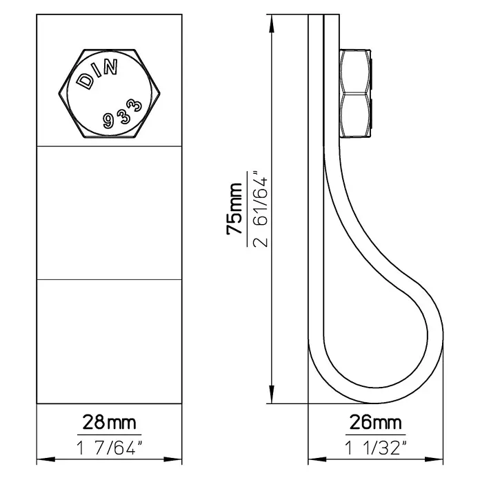 Siro Möbelgriff - Typ Möbelgriff: Sonstige, Sonstige, Sonstige, Braun, Breite: 75 mm - Technische Zeichnung einer Schraube mit Öse, inklusive Maßangaben in Millimetern und Zoll.