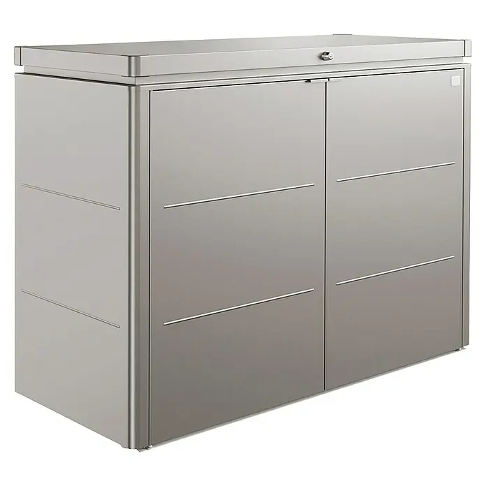 Biohort HighBoard Garten-Aufbewahrungsbox Highboard 160 - L x B x H: 1,6 x 0,7 x 1,18 m, Quarzgrau Metallic, Stahl - Bild eines modernen, grauen Mülltonnenbox für den Außenbereich, mit zwei Türen und einem abschließbaren Deckel.