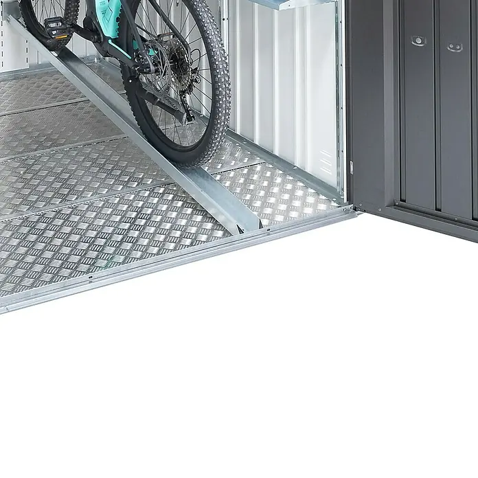 Biohort MiniGarage Fahrradhängeschiene MG GR. L - Silber-metallic, Passend für: Biohort MiniGarage Fahrradagarge L - Bild eines Fahrradschuppens mit Rampe. Ideal zur einfachen Aufbewahrung Ihres Fahrrads im Schuppen. Sicher und bequem.