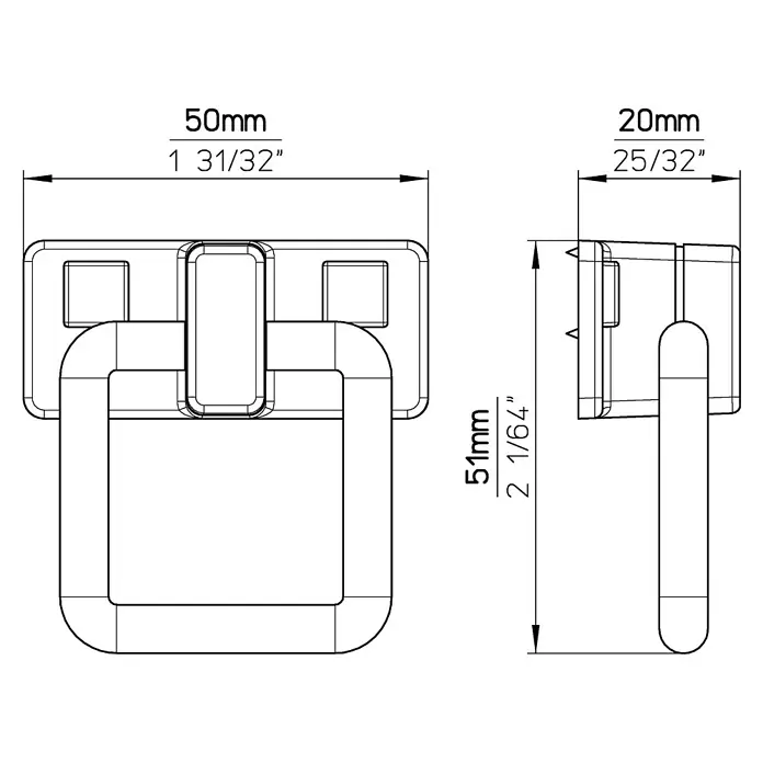 Siro Türklopfer - L x B x H: 51 x 50 x 20 mm, Stahl - Technische Zeichnung eines Schubladengriffs mit Maßangaben, die die Abmessungen und Form des Möbelbeschlags detailliert darstellt.
