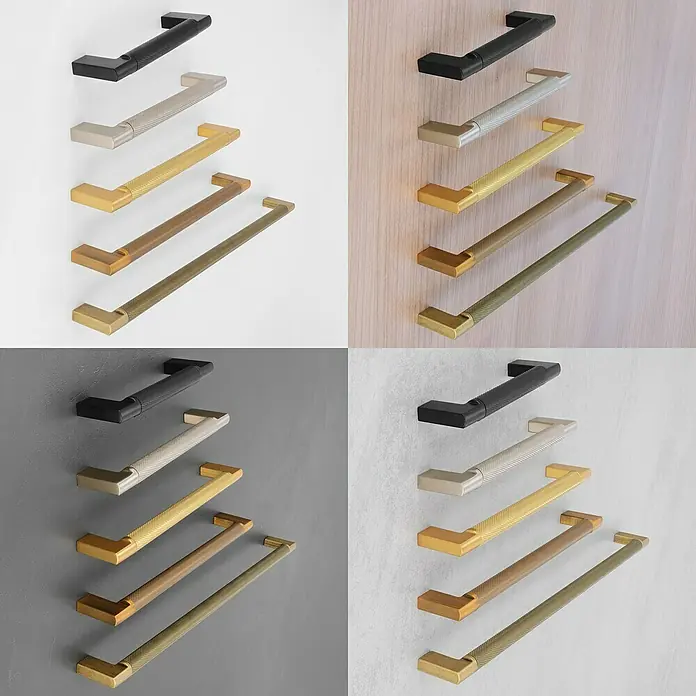 Siro Möbelgriff - Typ Möbelgriff: Bügel, Sonstige, Sonstige, Goldgelb, Länge: 142 mm - Vier quadratische Bilder zeigen moderne Knurrendesign-Schubladengriffe in Schwarz, Silber, Gold und Bronze.