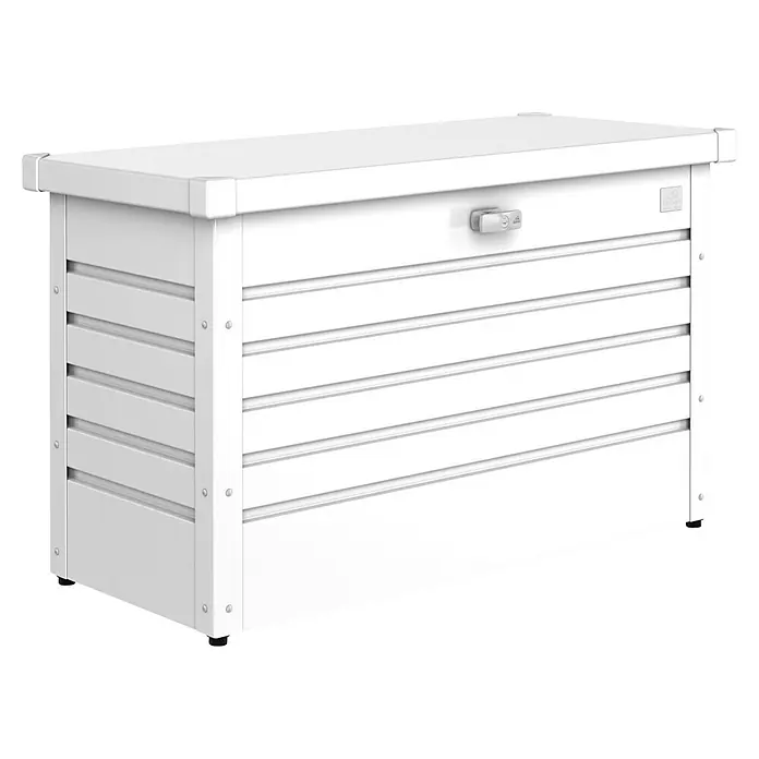 Biohort FreizeitBox Gartenbox 100 - L x B x H: 101 x 46 x 61 cm, Weiß, Stahl - Weiße Aufbewahrungsbox mit horizontalen Rillen und einem sicheren Schloss zur Aufbewahrung von Gegenständen im Freien.