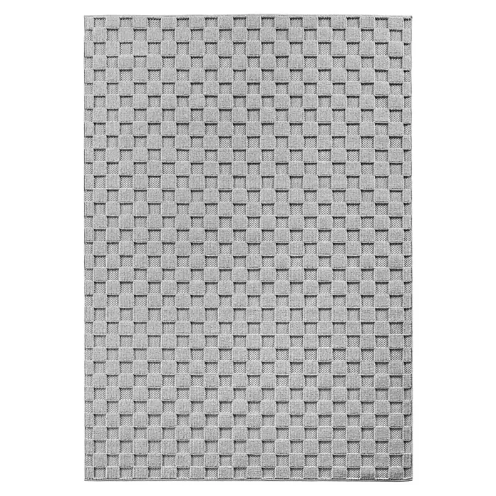 Flachgewebeteppich Helix 2203 - Silber, 230 x 160 cm, 100 % Polyester - Nahaufnahme einer gewebten Tischdecke in neutralem Grau, die durch ihr quadratisches Muster Textur und Eleganz für den Esstisch bietet.