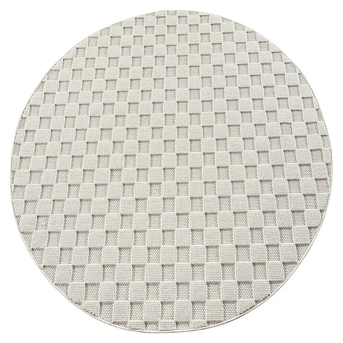 Flachgewebeteppich Helix 2203 - Creme, Durchmesser: 120 cm, 100 % Polyester - Ein runder, beiger Tischset mit einem gewebten Schachbrettmuster. Ideal für einen stilvollen Esstisch.