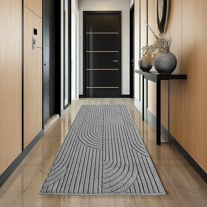 Flachgewebeteppich Helix 2201 - Silber, 110 x 60 cm, 100 % Polyester - Moderner grauer Fußabtreter mit geometrischem Muster für den Innenbereich, ideal für Flur oder Eingangsbereich. Schützt den Boden und sieht stilvoll aus.