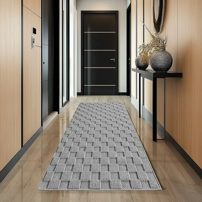 Flachgewebeteppich Helix 2203 - Silber, 250 x 80 cm, 100 % Polyester - Moderner Flur mit einem langen, grauen Webteppich, der den Raum optisch aufwertet und für eine angenehme Atmosphäre sorgt.