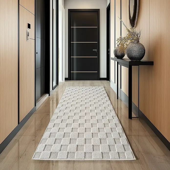 Flachgewebeteppich Helix 2203 - Creme, 250 x 80 cm, 100 % Polyester - Elegante Nahaufnahme eines Korridor-Teppichs mit einem modernen Schachbrettmuster in einem stilvollen Flur.