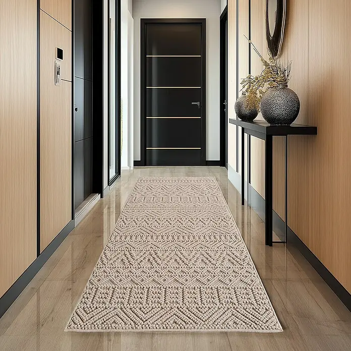 Flachgewebeteppich Helix 2202 - Beige, 110 x 60 cm, 100 % Polyester - Ein beigefarbener Läufer mit geometrischem Muster liegt in einem modernen Flur mit hellen Holzwänden und schwarzen Akzenten.