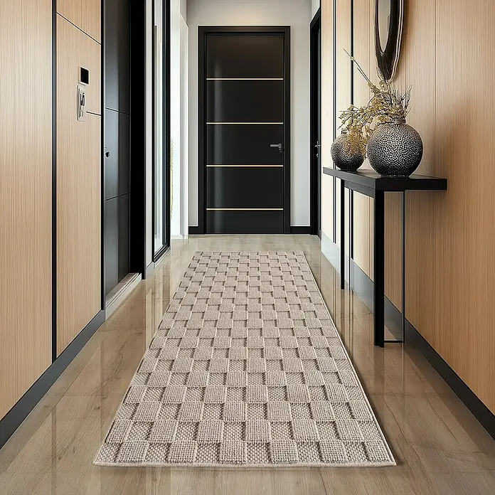 Flachgewebeteppich Helix 2203 - Beige, 250 x 80 cm, 100 % Polyester - Ein beiger Läufer mit quadratischem Muster liegt in einem modernen Flur. Der Läufer ergänzt das elegante Design.