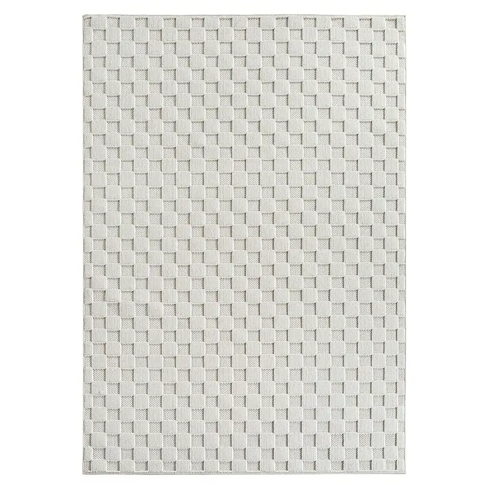 Flachgewebeteppich Helix 2203 - Creme, 340 x 240 cm, 100 % Polyester - Eine Nahaufnahme eines hellen, quadratisch gewebten Teppichs, der eine subtile Textur und ein elegantes Muster aufweist.