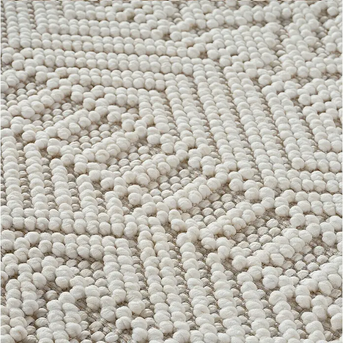 Flachgewebeteppich Helix 2202 - Creme, 250 x 80 cm, 100 % Polyester - Detailaufnahme eines Teppichs mit Noppenmuster in Weiß, der Textur und Design hervorhebt.
