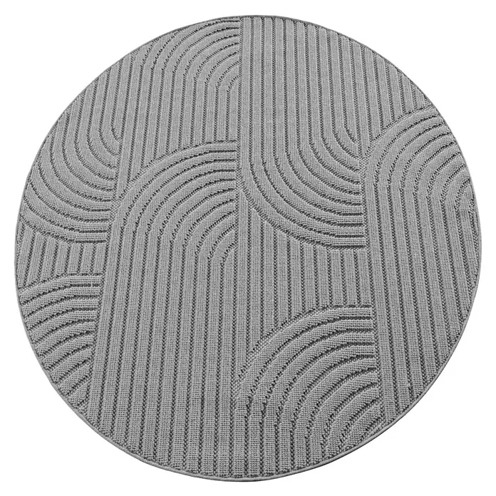 Flachgewebeteppich Helix 2201 - Silber, Durchmesser: 80 cm, 100 % Polyester - Grauer runder Teppich mit gewebtem, linearem, geometrischem Muster, das ein modernes, neutrales Design für jeden Raum bietet.