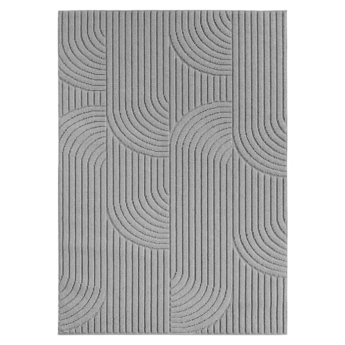 Flachgewebeteppich Helix 2201 - Silber, 110 x 60 cm, 100 % Polyester - Grauer Teppich mit linearem und halbkreisförmigem Muster. Das Design erzeugt eine strukturierte, moderne Optik für jeden Raum.
