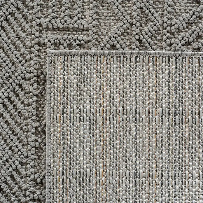 Flachgewebeteppich Helix 2202 - Silber, Durchmesser: 120 cm, 100 % Polyester - Nahaufnahme eines grauen Teppichs mit unterschiedlichen Texturen und Webmustern.
