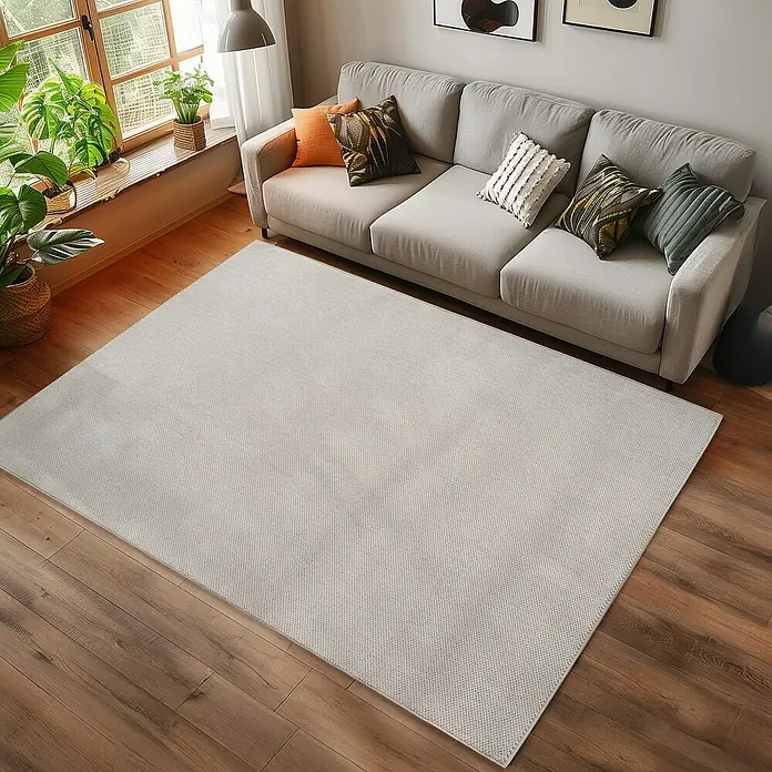 Flachgewebeteppich Helix 2200 - Creme, 200 x 140 cm, 100 % Polyester - Ein heller, rechteckiger Teppich liegt auf einem Holzboden vor einem grauen Sofa mit Kissen.