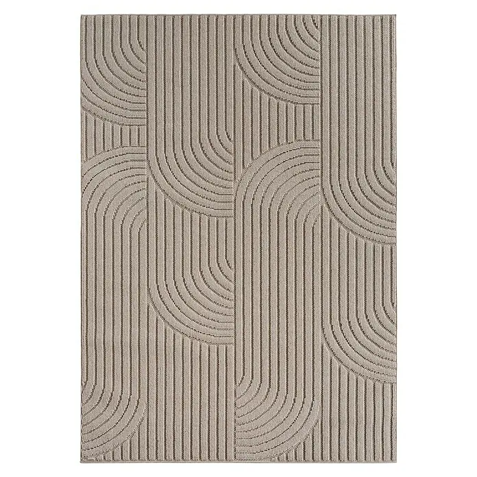 Flachgewebeteppich Helix 2201 - Beige, 370 x 280 cm, 100 % Polyester - Beige Teppich mit einem stilvollen, modernen Muster aus vertikalen Linien und Halbkreisformen, das jedem Raum eine elegante Note verleiht.