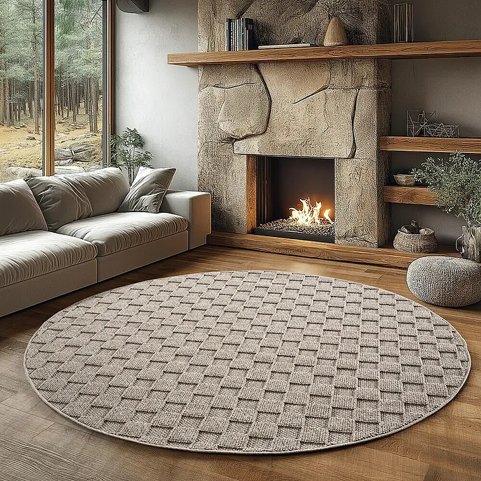 Flachgewebeteppich Helix 2203 - Beige, Durchmesser: 120 cm, 100 % Polyester - Beige runder Teppich mit gewebtem Muster, der einem Wohnzimmer Wärme und Textur verleiht. Perfekt für ein gemütliches Ambiente.